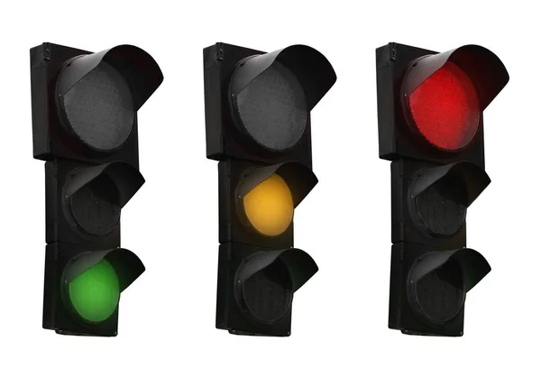 stock image Collage of traffic signal with different glowing lights (red, orange, green) isolated on white