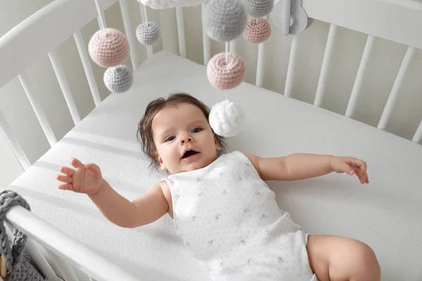 Cute Little Baby Lying Crib Hanging Mobile — Stock Photo, Image