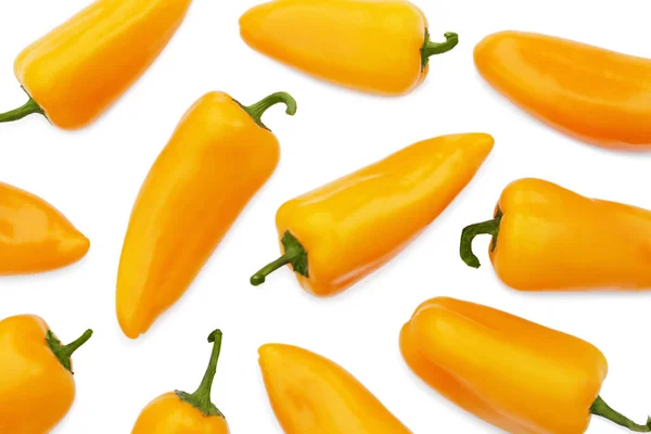 Veel Verse Rauwe Oranje Hete Chili Paprika Witte Achtergrond Plat — Stockfoto