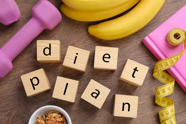 Plan Dieta Frases Hecho Cubos Artículos Fitness Productos Mesa Madera — Foto de Stock