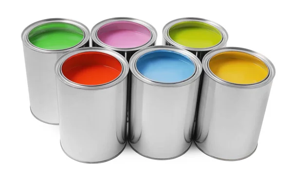 Cans Different Paints White Background — Stock Photo, Image