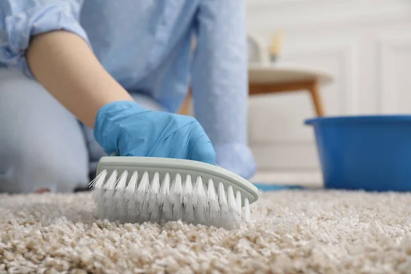 Woman Rubber Gloves Cleaning Carpet Brush Indoors Closeup Space Text — Stock Photo, Image