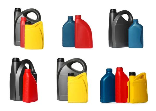 Bunte Behälter Mit Unterschiedlichem Motoröl Auf Weißem Hintergrund Collage Design — Stockfoto