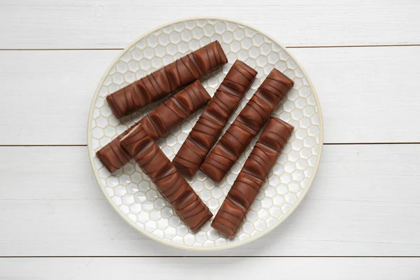 Barres Chocolat Savoureux Sur Table Bois Blanc Vue Sur Dessus — Photo