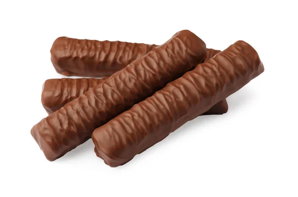 Doces Saborosas Barras Chocolate Fundo Branco — Fotografia de Stock