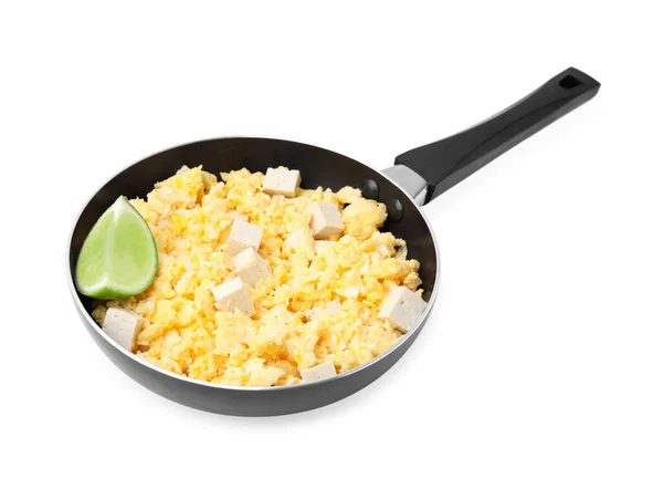 Frying Pan Delicious Scrambled Eggs Tofu Lime Isolated White — ストック写真