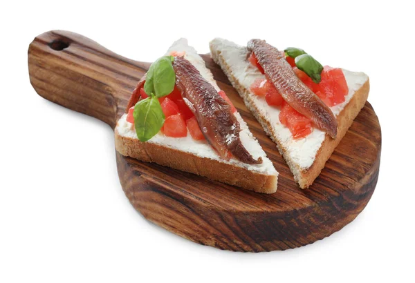 Delicious Sandwiches Cream Cheese Anchovies Tomatoes Basil White Background — Stock Photo, Image