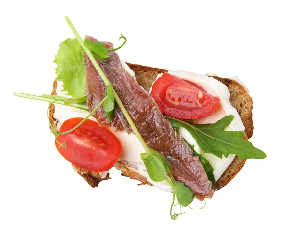 Delicious Bruschetta Anchovies Tomato Microgreens Cream Cheese White Background Top — Stock Photo, Image