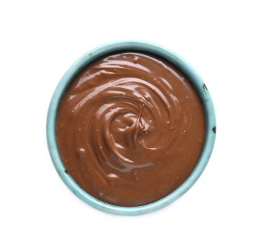 Bir kase lezzetli çikolata ezmesi, beyaz, üst manzara.