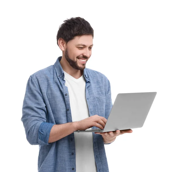 Homem Feliz Com Laptop Fundo Branco — Fotografia de Stock