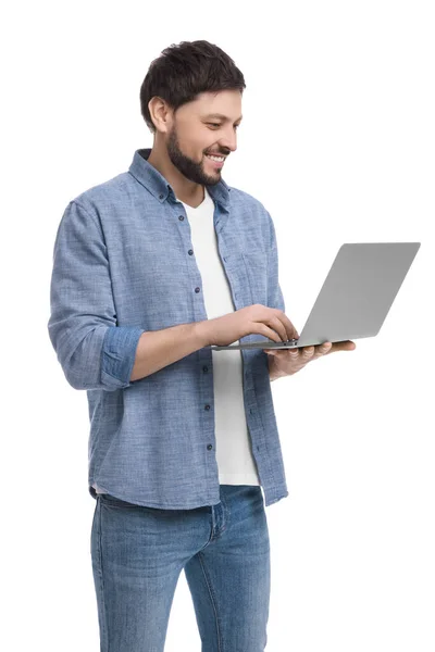 Счастливый Человек Ноутбуком Белом Фоне — стоковое фото