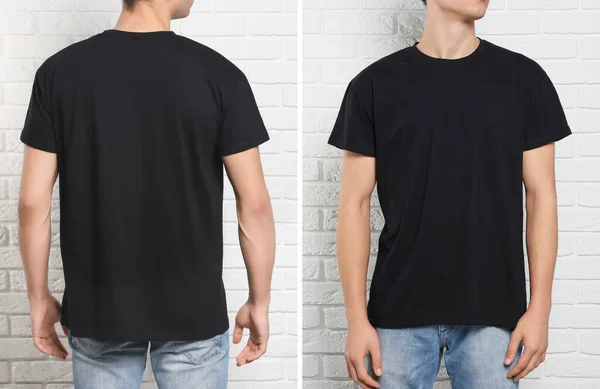 Man Met Zwart Shirt Buurt Van Witte Bakstenen Muur Achter — Stockfoto