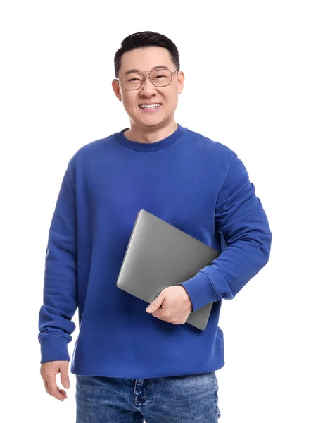 Glücklicher Mann Mit Laptop Auf Weißem Hintergrund — Stockfoto