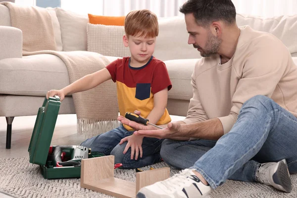 Father Son Repairing Shelf Together Home — Stock Photo, Image