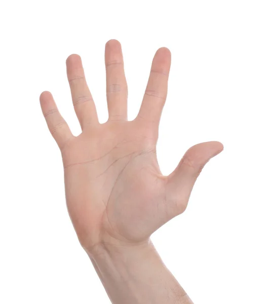 Mann Gibt High Five Auf Weißem Hintergrund Nahaufnahme Der Hand — Stockfoto