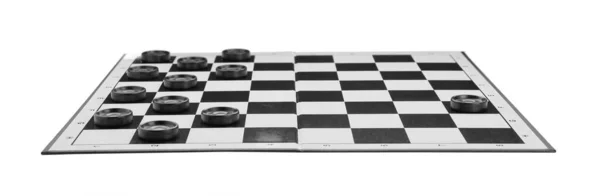 Checkerboard Com Peças Jogo Isoladas Branco — Fotografia de Stock