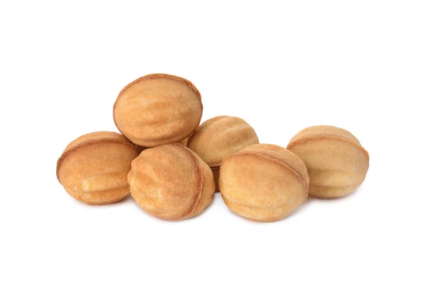 Delicious Nut Shaped Cookies Condensed Milk White Background — Stock Photo, Image