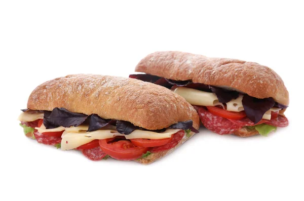 Deliciosos Sándwiches Con Queso Salami Tomate Aislado Blanco — Foto de Stock