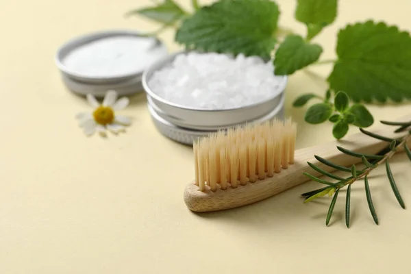 Bamboo Toothbrush Herbs Beige Background Closeup Space Text — Stock Photo, Image