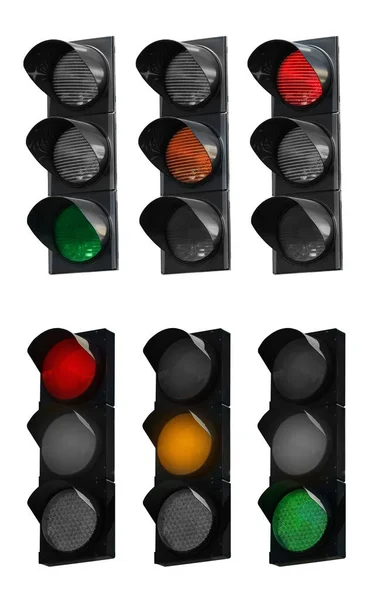 Colagem Sinais Trânsito Com Diferentes Luzes Brilhantes Vermelho Laranja Verde — Fotografia de Stock