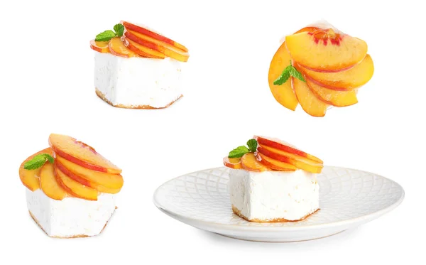 Delicious dessert with peach slices on white background, collage design