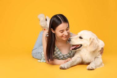 Turuncu arka planda şirin Labrador Retriever köpeği olan mutlu bir kadın. Sevimli hayvan.