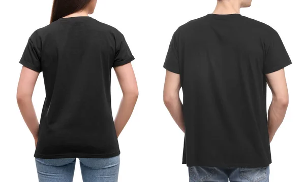 Menschen Schwarzen Shirts Auf Weißem Hintergrund Rückansicht Mockup Für Design — Stockfoto