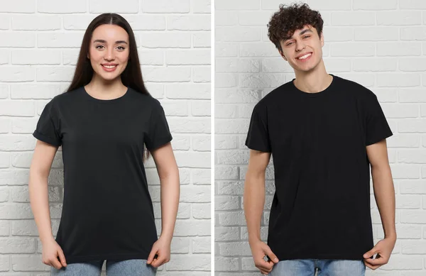 Gente Que Usa Camisetas Negras Cerca Pared Ladrillo Blanco Burla — Foto de Stock