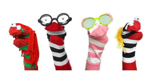 Many Colorful Sock Puppets White Background Collage Design — Stock Photo, Image