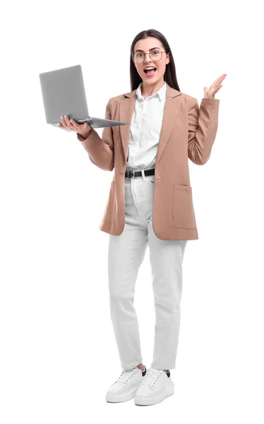 Beautiful Emotional Businesswoman Laptop White Background — Stock Photo, Image