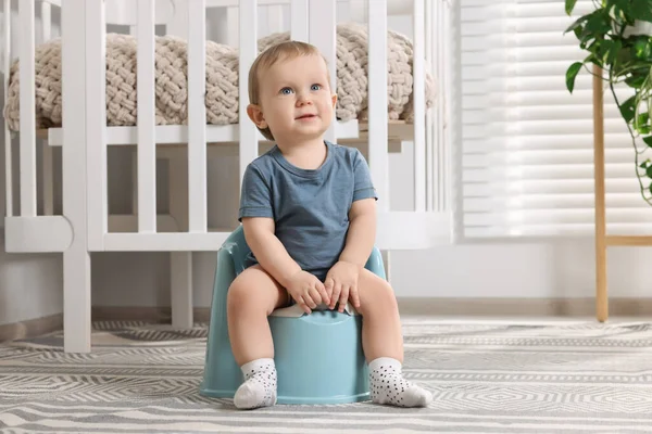 Little Child Sitting Plastic Baby Potty Indoors Space Text — Stock Photo, Image