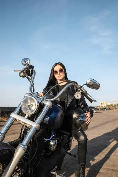 Beautiful Young Woman Helmet Sitting Motorcycle Outdoors — Stock Fotó