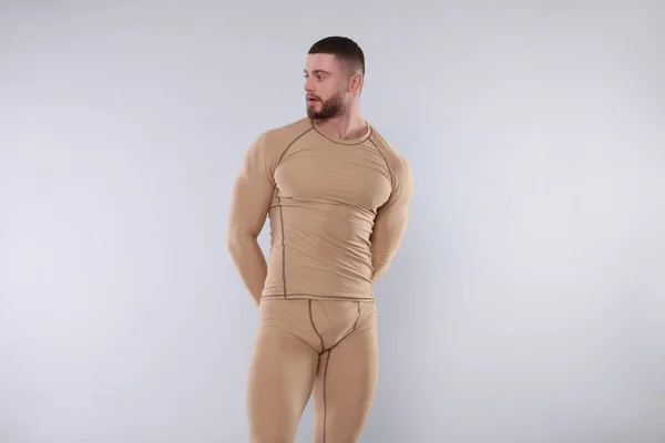 Man Warm Thermal Underwear Light Background — Stok fotoğraf