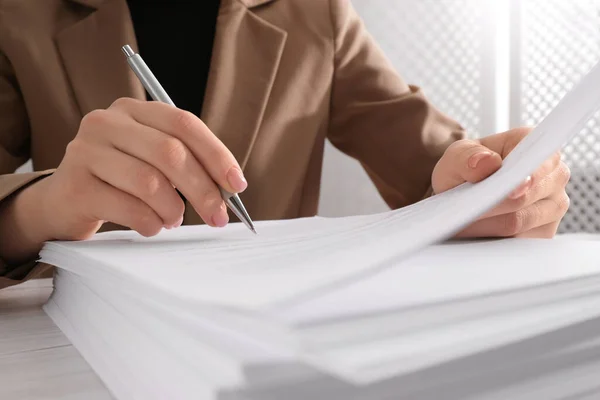 Woman Signing Document Table Closeup View — Stok fotoğraf
