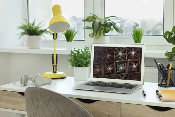 Cozy Workspace Laptop White Wooden Desk Home — Stok fotoğraf