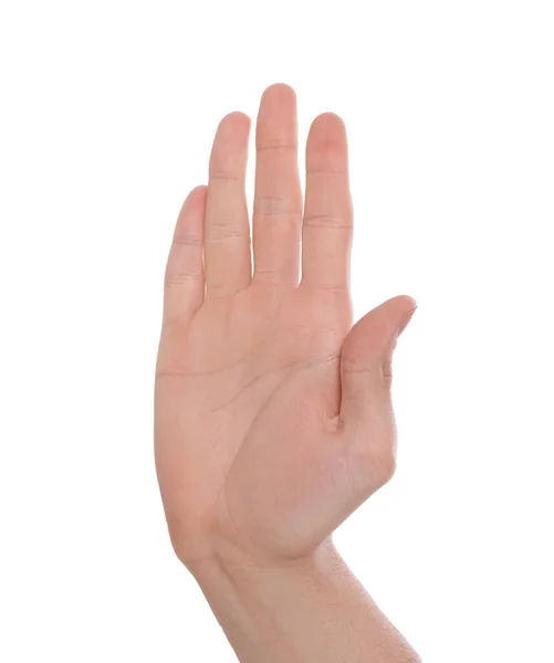 Man Ger Hög Fem Vit Bakgrund Närbild Handen — Stockfoto