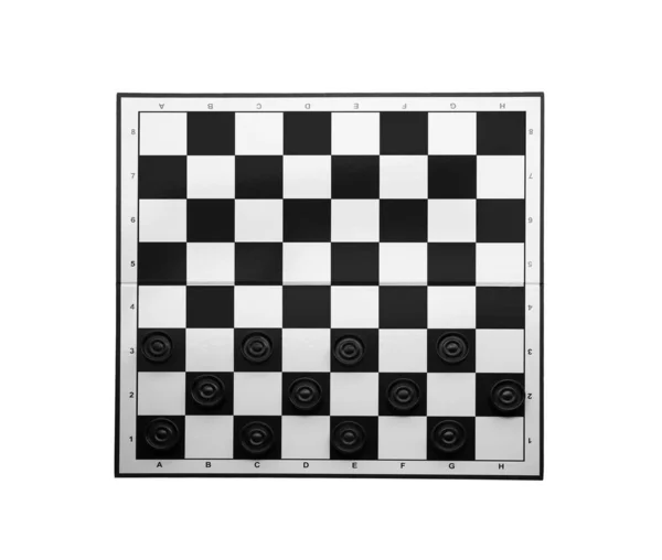 Checkerboard Met Spelstukken Geïsoleerd Wit Bovenaanzicht — Stockfoto