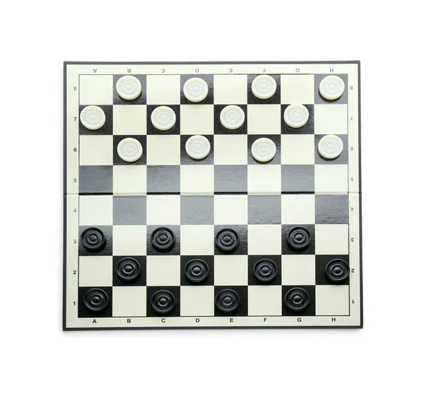 Schachbrett Mit Spielfiguren Isoliert Auf Weiß Ansicht Von Oben — Stockfoto