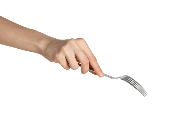 Woman Holding Shiny Silver Fork White Background Closeup — 스톡 사진
