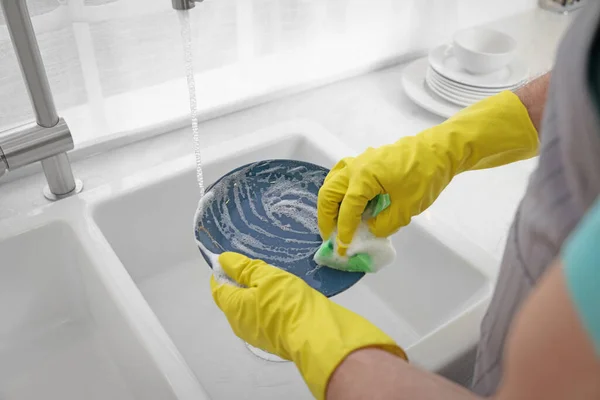 Man Protective Gloves Washing Plate Sink Kitchen Closeup — Stock Photo, Image