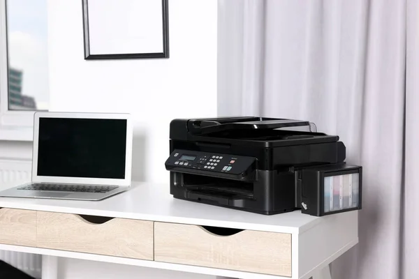 Modern Printer Paper Laptop White Desk Home — Stock Photo, Image