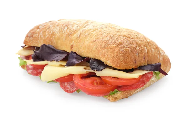 Delicioso Sándwich Con Queso Salami Tomate Aislado Blanco — Foto de Stock