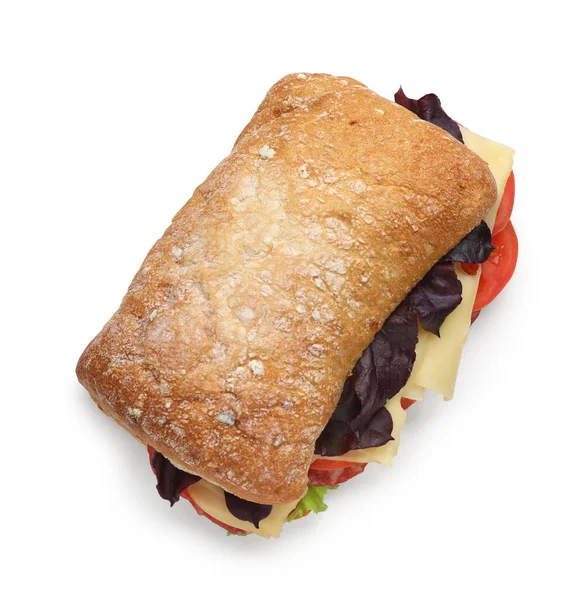 Délicieux Sandwich Fromage Salami Tomate Isolée Sur Blanc Vue Sur — Photo