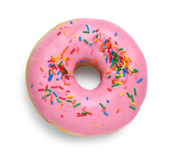 Saboroso Donut Envidraçado Decorado Com Polvilhas Fundo Branco Vista Superior — Fotografia de Stock