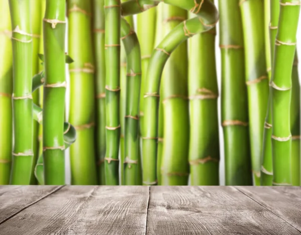 在绿色竹子茎的衬托下 木制表面是空的 设计空间 — 图库照片
