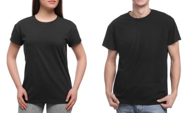 Beyaz arka planda siyah tişörtler giyen insanlar, yakın plan. Tasarım için model