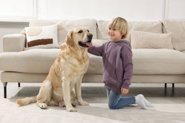 Evinde yerde Golden Retriever 'ı olan sevimli küçük bir çocuk. Sevimli hayvan.