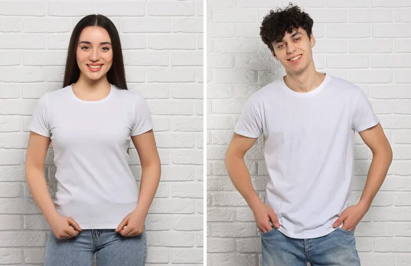 Gente Con Camisetas Blancas Cerca Pared Ladrillo Burla Para Diseño — Foto de Stock