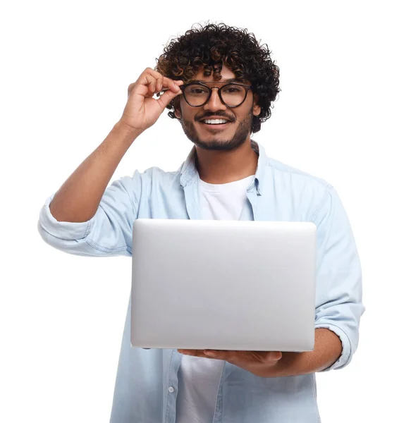 Smiling Man Laptop White Background — Fotografia de Stock