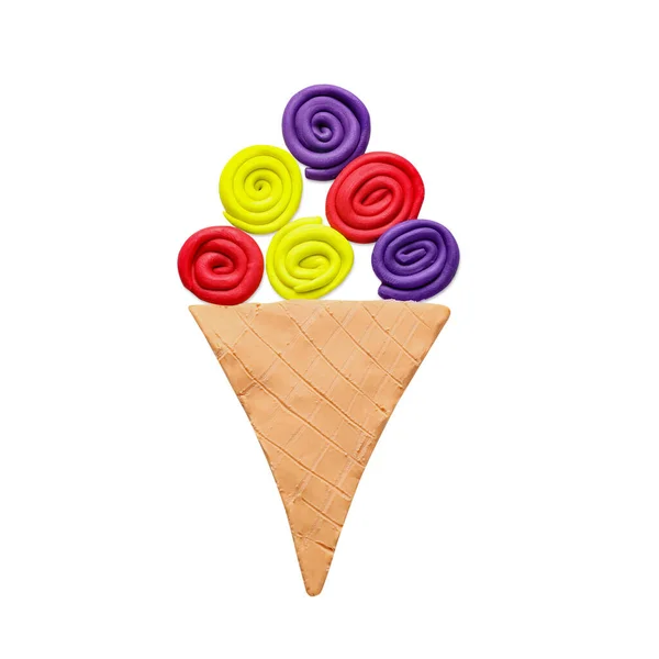 Ice Cream Cone Made Plasticine Isolated White Top View — Stock Photo, Image